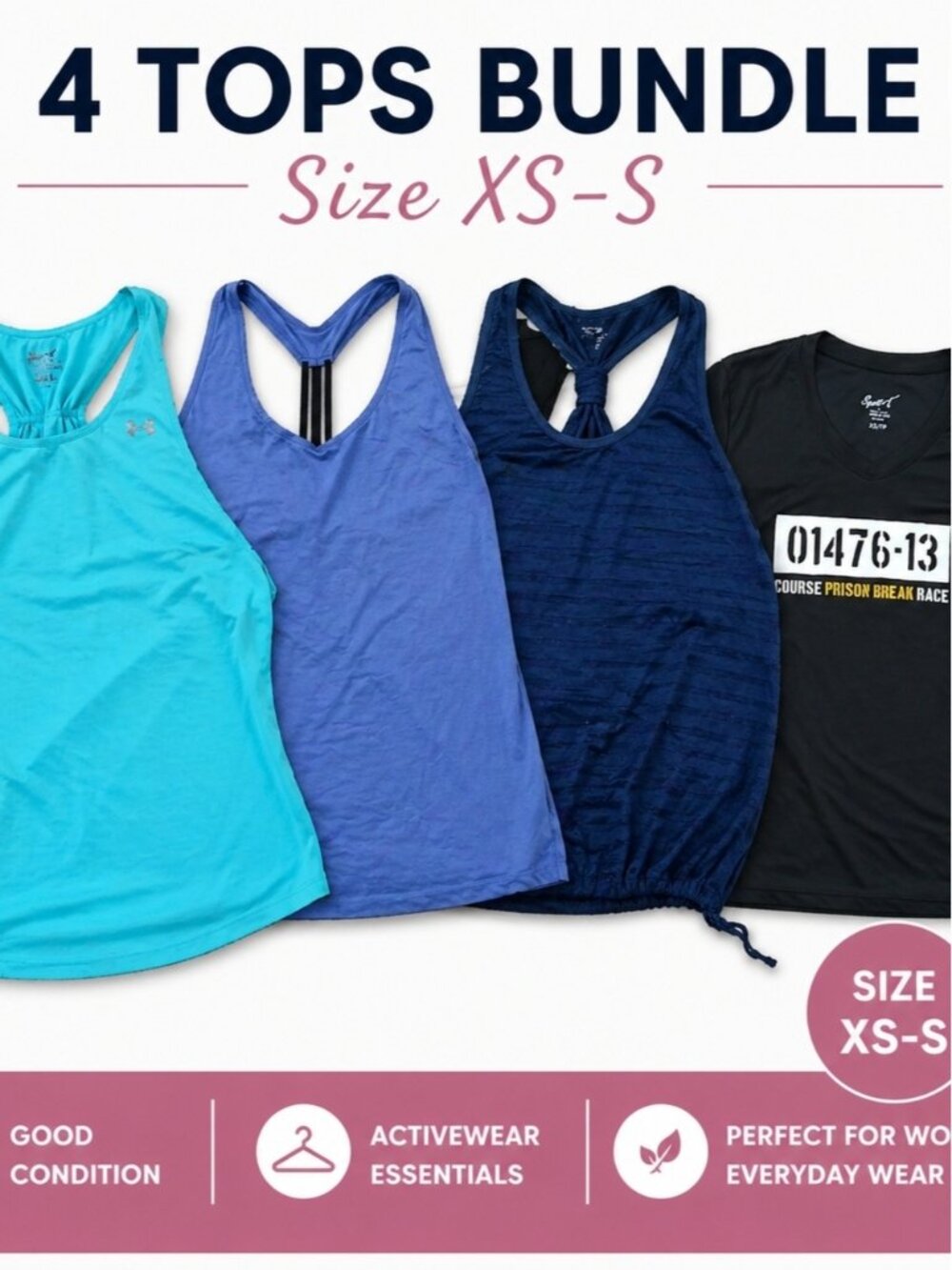 Women’s Activewear Tops Bundle 4pc XS-S Tank Tops & Tee Workout Gym Lot